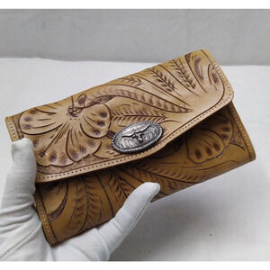 Sergios Collection Brown Leather Floral Buffalo Credit Card Trifold Wallet